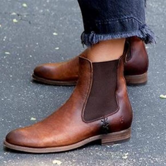 Frye Melissa Chelsea Cognac Brown Leather Comfy Low Heel Casual Short Ankle Boot